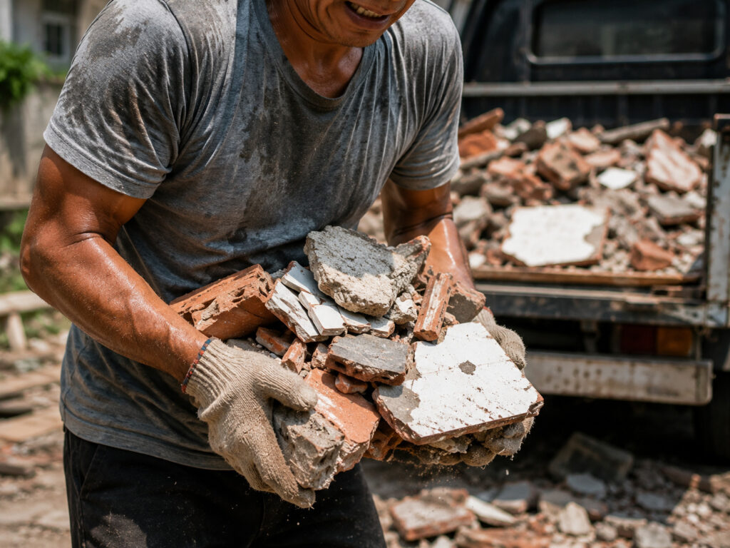 Mengangkat puing bangunan sendiri setelah renovasi rumah.