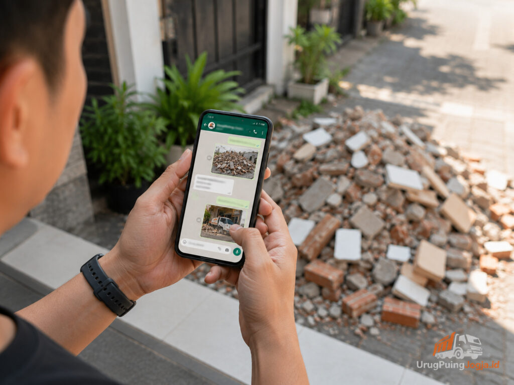 Cara order jasa buang puing Jogja dengan kirim foto kondisi puing lewat WhatsApp untuk estimasi harga