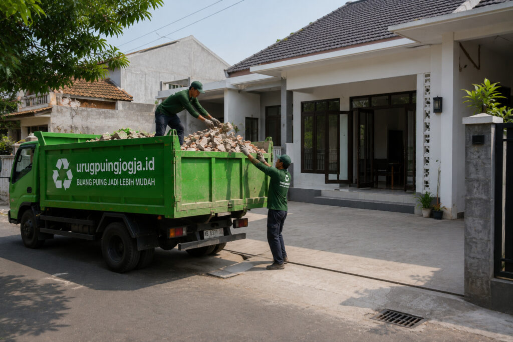 Dump truck mengangkut puing hasil renovasi rumah di Yogyakarta.
