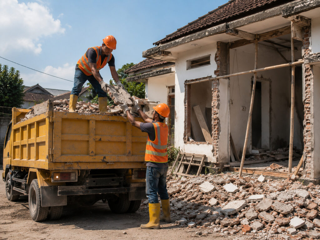 Proses jasa buang puing Jogja menggunakan dump truck dan tenaga angkut.