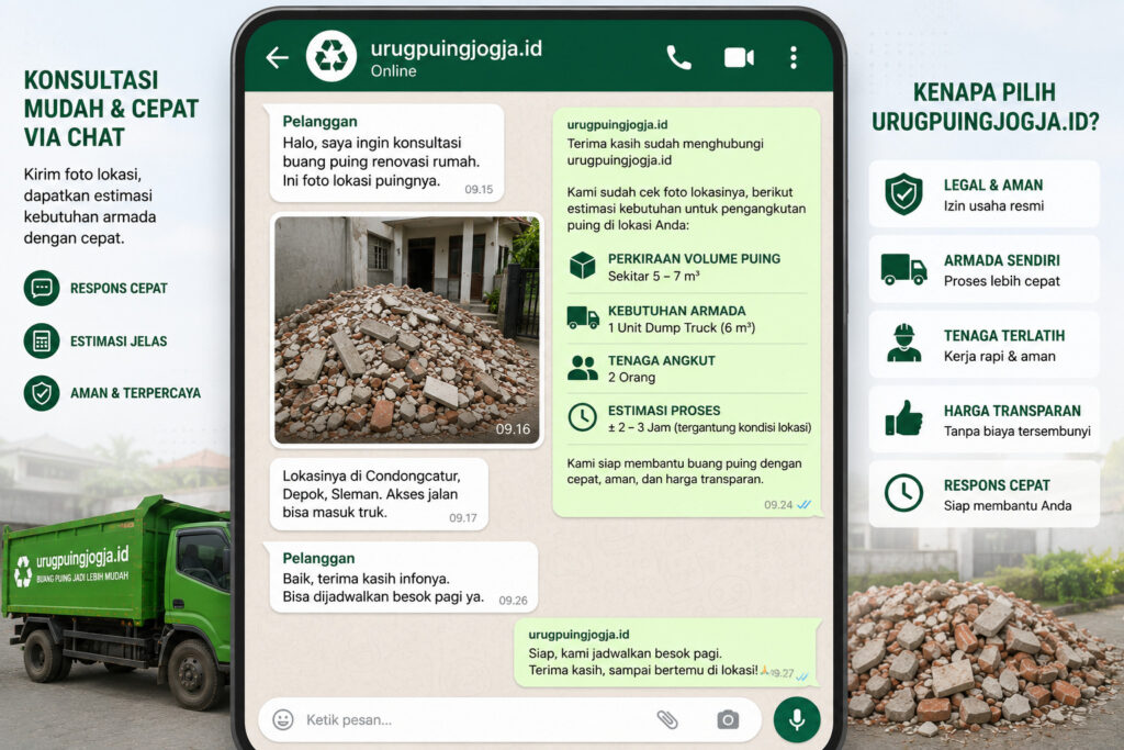 Konsultasi jasa buang puing Jogja melalui WhatsApp sebelum penjadwalan.
