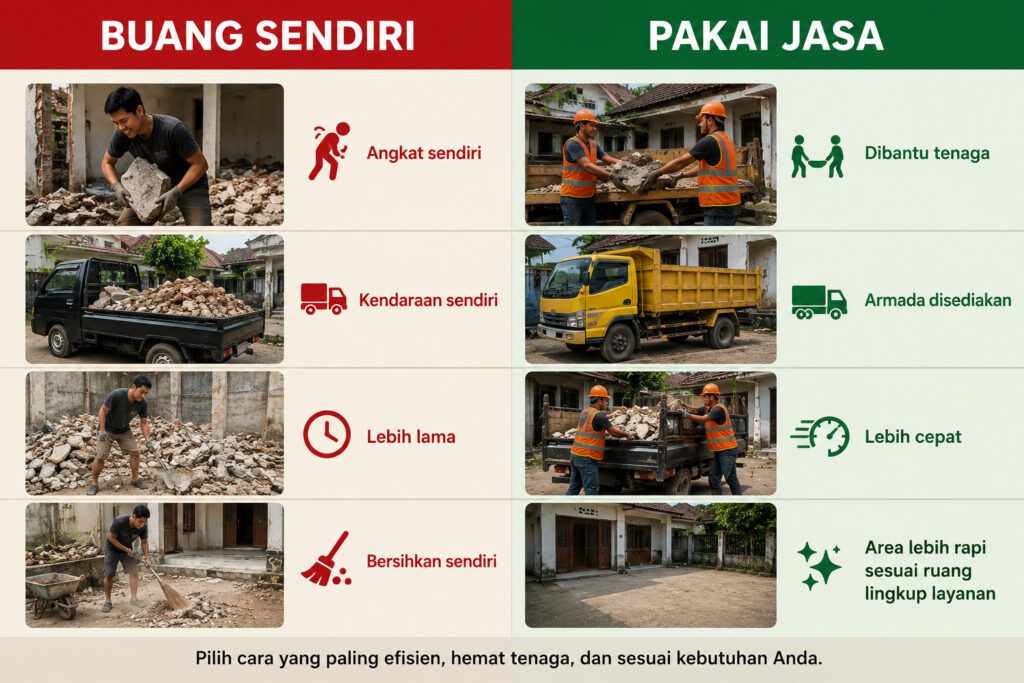 Infografis perbandingan buang puing sendiri dengan menggunakan jasa.