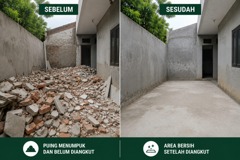 Perbandingan kondisi sebelum dan sesudah menggunakan jasa buang puing di Jogja.