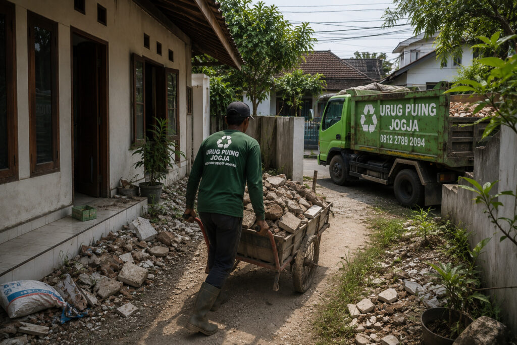 Tenaga angkut sedang memindahkan puing bangunan di Jogja.