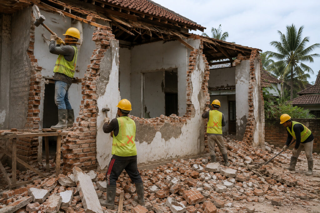 Tim UrugPuingJogja.id membongkar bangunan rumah lama secara bertahap dan aman di Jogja