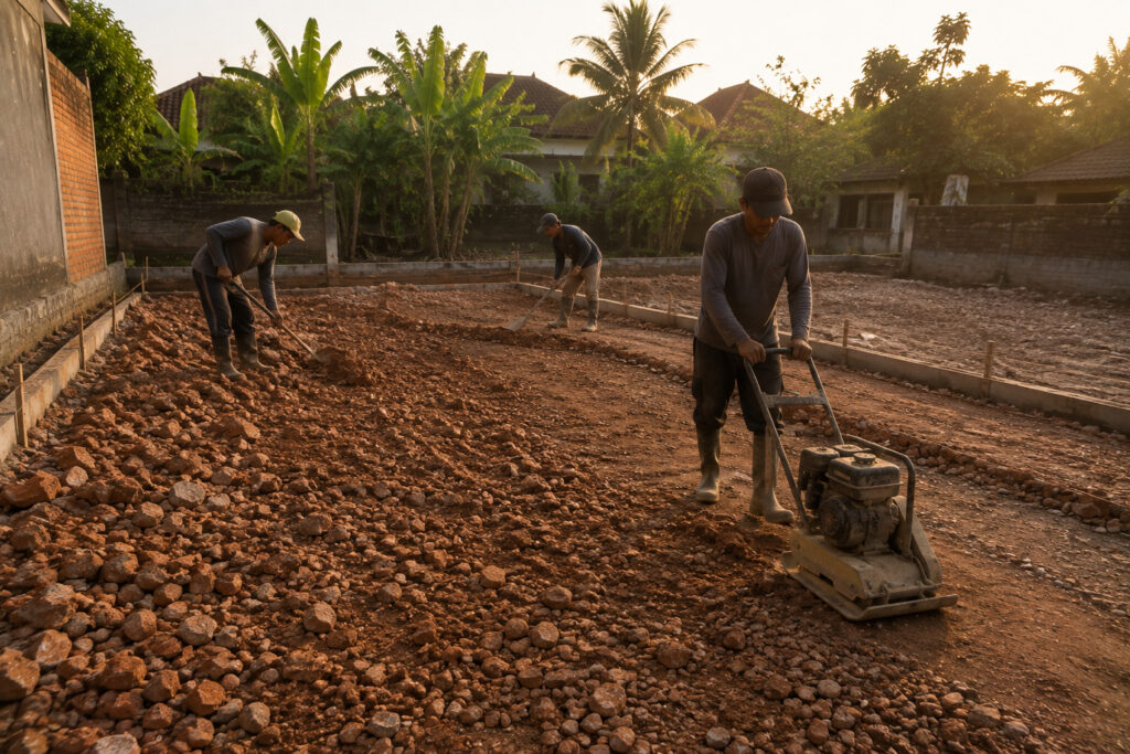 Proses urug dan pemadatan lahan menggunakan material urug olahan di Jogja