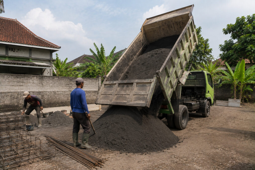 Pengiriman material pasir Merapi untuk kebutuhan pengecoran dan konstruksi di Jogja