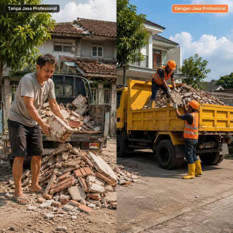 Perbandingan buang puing sendiri dengan menggunakan jasa buang puing Jogja untuk renovasi rumah.