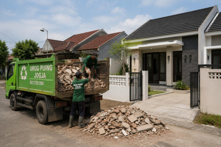 Harga jasa buang puing Jogja dengan dump truck dan tenaga angkut.