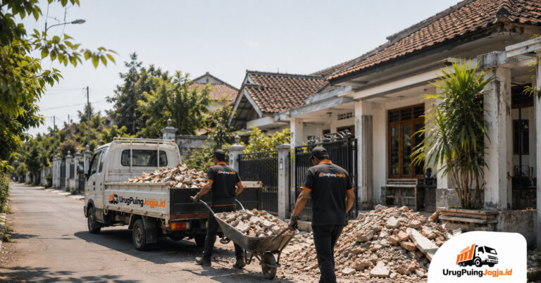 Tim jasa buang puing Jogja mengangkut material bongkaran dari lokasi renovasi rumah menggunakan truk