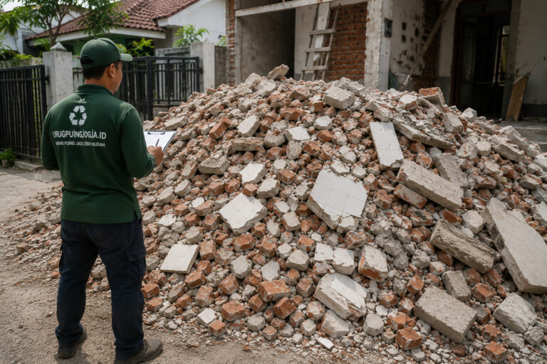 Tumpukan puing hasil renovasi rumah sebelum dihitung untuk menentukan kebutuhan dump truck.