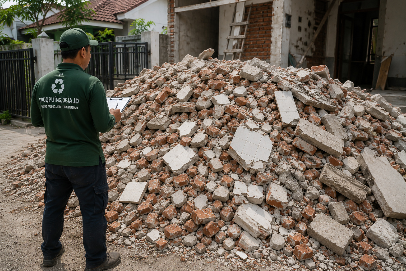 Tumpukan puing hasil renovasi rumah sebelum dihitung untuk menentukan kebutuhan dump truck.